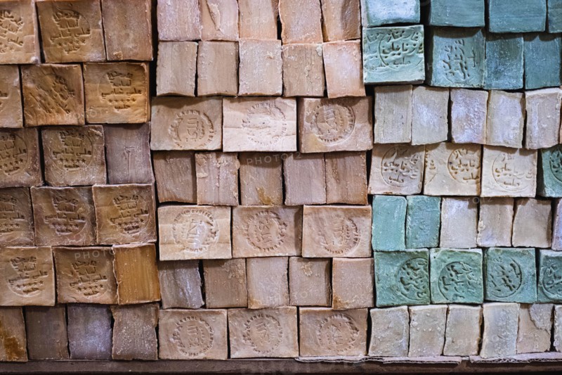 Stack of Aleppo soap bars on market