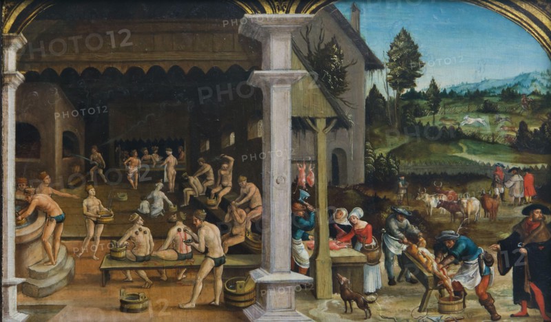 Bathing and slaughter scenes depicted in the painting 'Two Panels from a Series of Rural Scenes' by German Renaissance painter Hans Wertinger (1516-1525) on dis?l?? in the G?rm?nis?h? N?ti?n?lmus?um (German N?ti?n?l Museum) in Nürnb?rg, Germany.