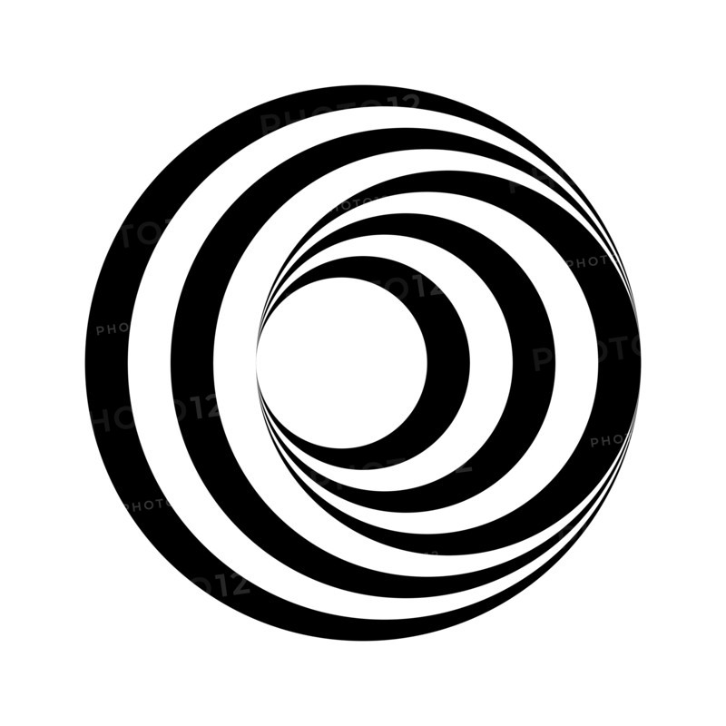 Op art circle. Black and white stripes make optical illusion. Swirl rotation effect. Sphere tunnel visual trick. Symmetric round object. Vector