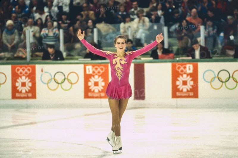 Katarina Witt (GDR) Gold medalist and Olympic Champion competing in the Ladies Figure Skating Free Skate at the 1984 Olympic Winter Games.