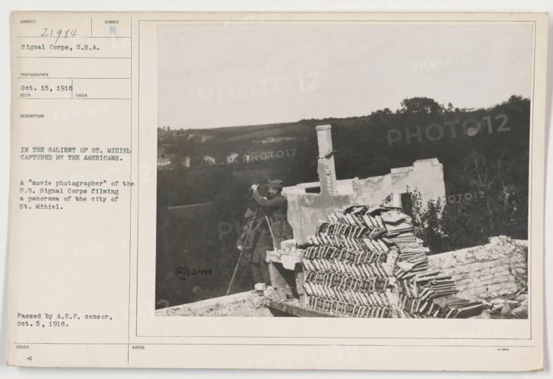 A U.S. Signal Corps "movie photographer" captures footage of the city of St. Mihiel, a captured area by the American troops, during World War One. The photograph was taken on October 15, 1918, and received by the Signal Corps on October 5, 1918. It was later approved by the A.E.F. censor.