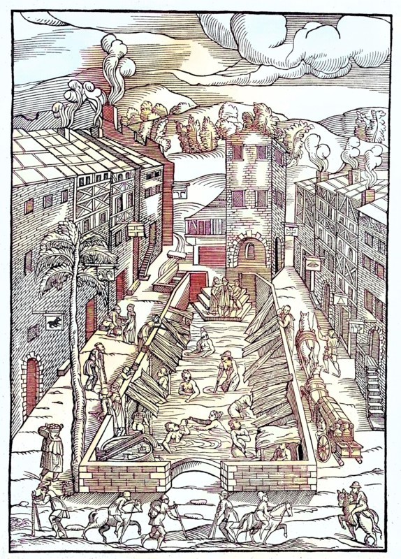 Digital restauriert, Badeanstalt, das gemeinsame Sanatorium für die Armen und Kranken in Plombiere, Frankreich, Holzschnitt aus dem Jahr 1553, Veröffentlichung aus dem Jahr 1882  /  Digital improved:, Bathing establishment, the common sanatorium for the poor and sick in Plombiere, France, woodcut from the year 1553, publication from the year 1882