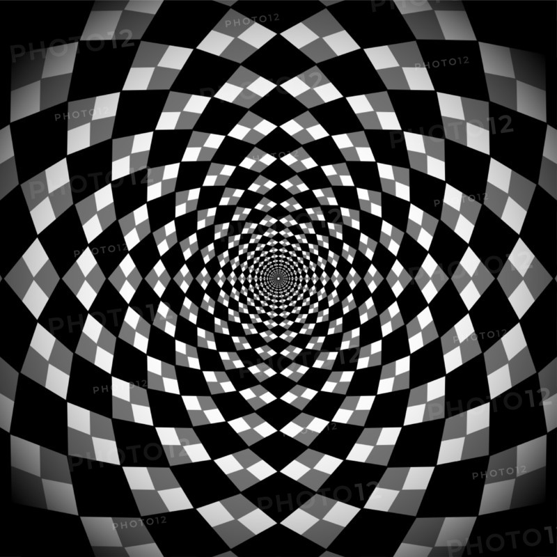 Hypnotic background, optical spiral illusion. Optical Checkered Circle Classic circular Op Art design in black and white color. Vector illustration