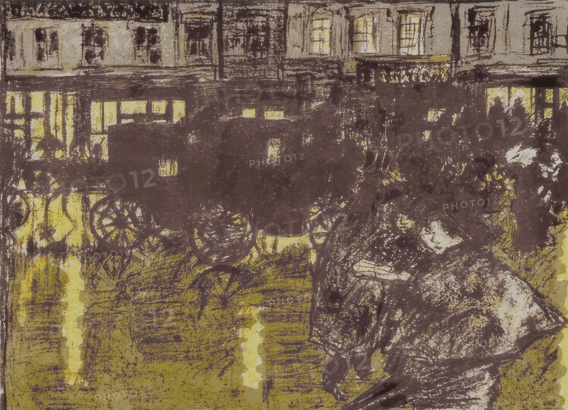 Pierre Bonnard
Ecole française
Rue, le soir, sous la pluie
Série "Quelques aspects de la vie de Paris"
1899
Lithographie sur papier vélin (40,5 x 53,2 cm)
Amsterdam, Van Gogh Museum