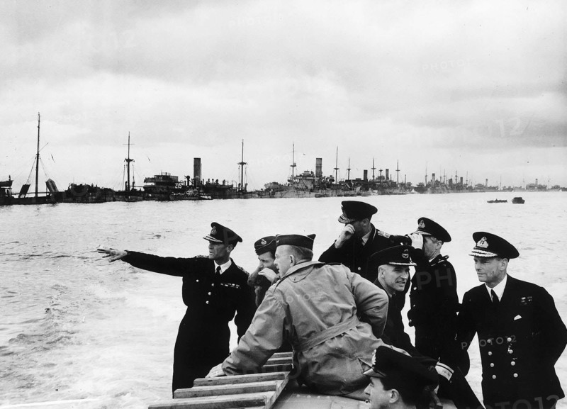 Normandy Invasion 1944 Rear Admiral Sir Philip Vian Admiral Sir Bertram H Ramsay Air Vice Marshal Sir Arthur Tedder General Bull USHQ Admiral Rivett Carnac Commodore Douglas Pennant on board LCP as they pass old ships