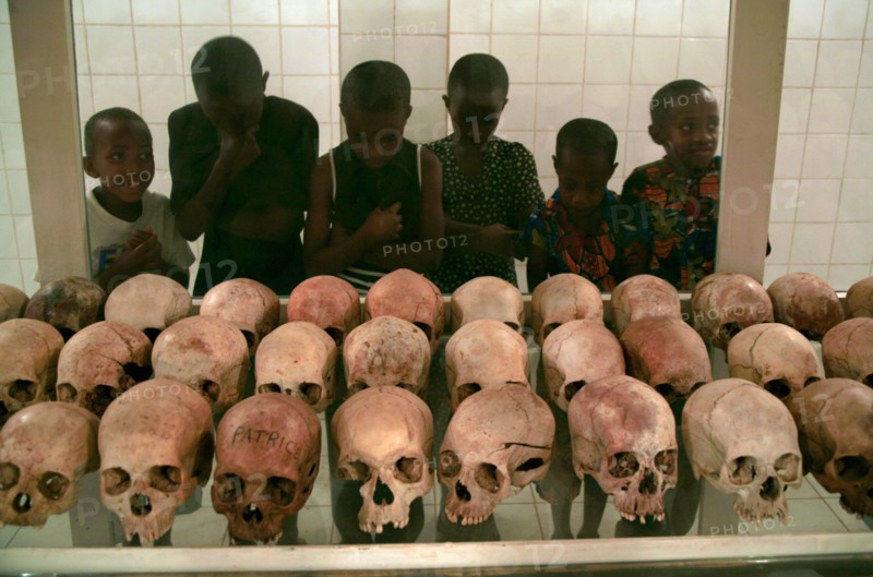 Skulls and bones at a genocide memorial church, commemorating the 1994 genocide in Rwanda