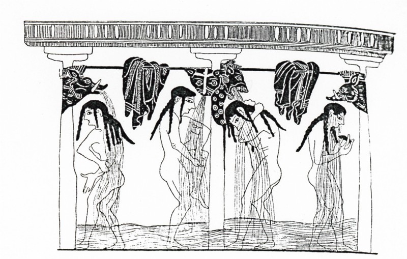 Four Greek women stand in the floor of the bath half up to their knees in water, and take a cold shower from the spouts above.