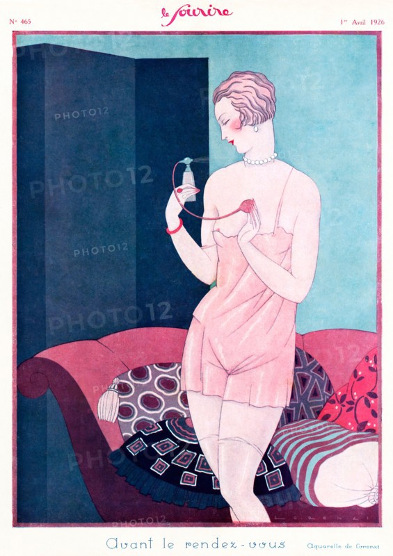 Avant Le Rendezvous, 1920s French magazine illustration of a lady getting ready for a romantic assignation