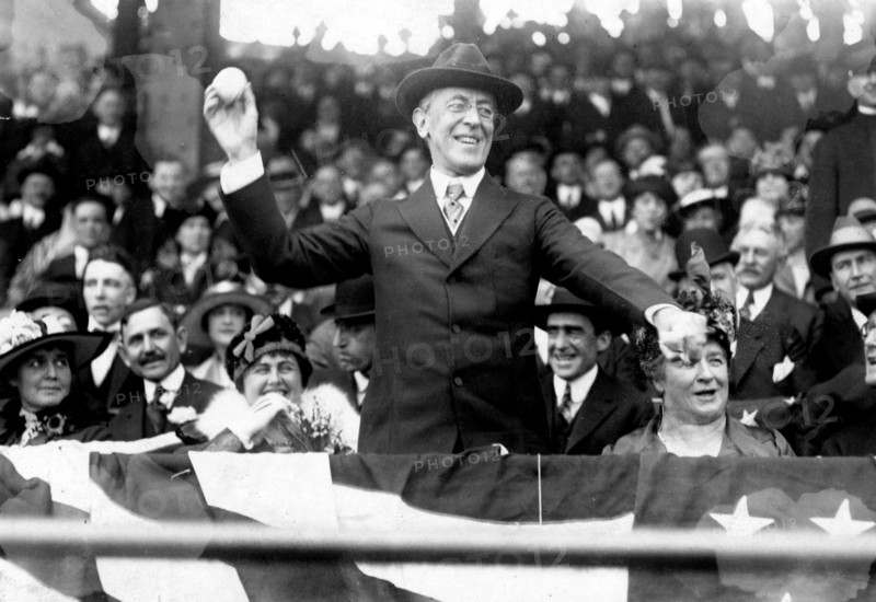 President Woodrow Wilson throwing out the first ball, opening day, 1916; among those present are Edith Bolling Galt Wilson and Mrs. Ida Wilson. Thomas Woodrow Wilson (December 28, 1856 - February 3, 1924) was the 28th President of the United States, from