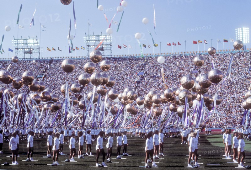 On-field festivities during Opening Ceremonies at L.A. Memorial Coliseum during 1984 Olympic Games in Los Angeles.