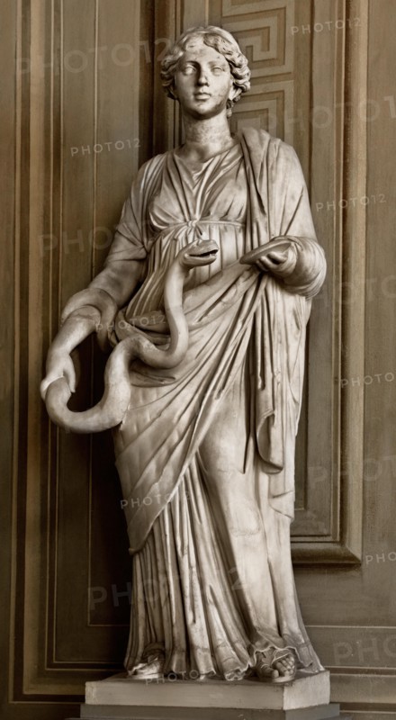 Hygiea Roman Statue   Palatina Gallery - Galleria Palatina - Palazzo Pitti  Renaissance, a palace in Florence, Italy. ( Hygieia ( Hygiea or Hygeia ) was one of the Aeclepiadae; the sons and daughters of the god of medicine, Asclepius, and the goddess of healing, Epione. She was the goddess -personification of health cleanliness and hygiene. Greek Roman mythology, )
