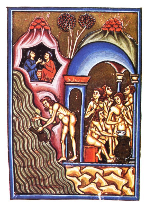 . Italiano: Pietro da Eboli (XIII secolo) 'De Balneis Puteolanis'. Miniatura del Codice Angelico Ms. 1474 (Biblioteca Angelica di Roma), che mostra il 'Balneum Sudatorium' (conosciuto anche come 'Stufe di San Germano'), corrispondente alle sorgenti termali di Agnano. La miniatura mostra un sudatorium (sauna), ed un uomo che attinge con una brocca acqua fresca dal lago, infestato da rane e serpenti. Sullo sfondo, nelle viscere della terra, vi è San Germano che, venuto in queste terme per curarsi, prega Iddio di liberare l'anima del diacono Pascasio, condannato a patire le pene del purgatorio ne