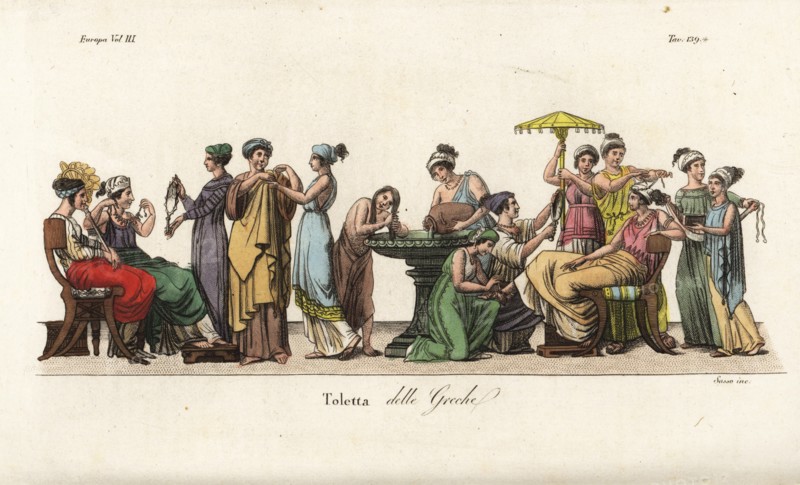 Ancient Greek women at their toilet: washing hair in a font, trying on clothes, arranging hair, admiring a necklace, etc, Handcoloured copperplate engraving by Sasso after a painting by Pelagio Palagi from Giulio Ferrario's Costumes Ancient and Modern of the Peoples of the World, Florence, 1847.
