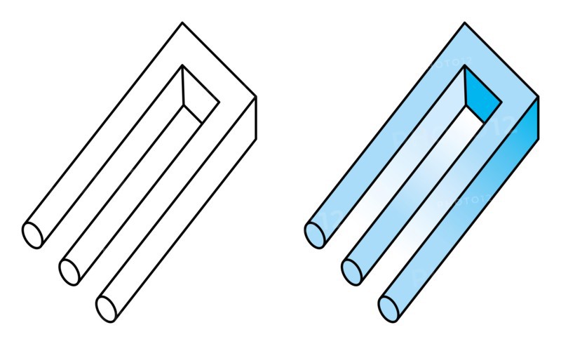 Blivet, impossible trident, a kind of optical illusion. Impossible object and undecipherable figure. Also impossible fork and devils tuning fork.