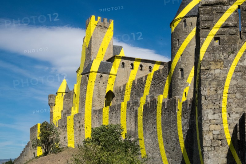 Yellow,art,Eccentric concentric circles,Carcassonne,Carcassone,Castle,Fort,Ramparts,Aude,province,region,South of France,France,French,Europe,European