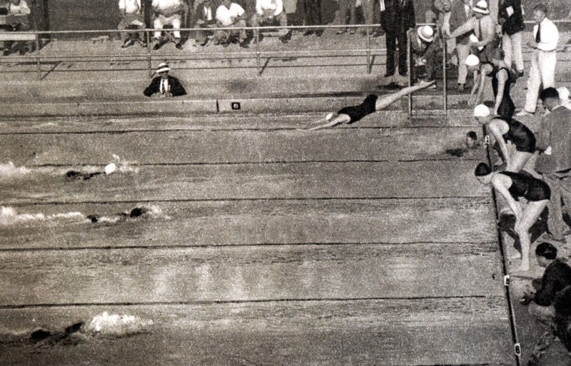 Photograph of the 4x100 meter swimming relay at the 1932 Olympic games. Won by the USA, second Netherlands and third Great Britain.