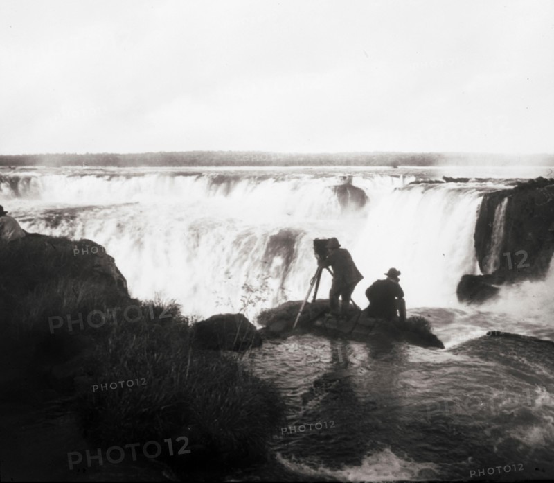 Burton Holmes and Oscar Depue Filming Iguassu Fall, Brazil, 1911
