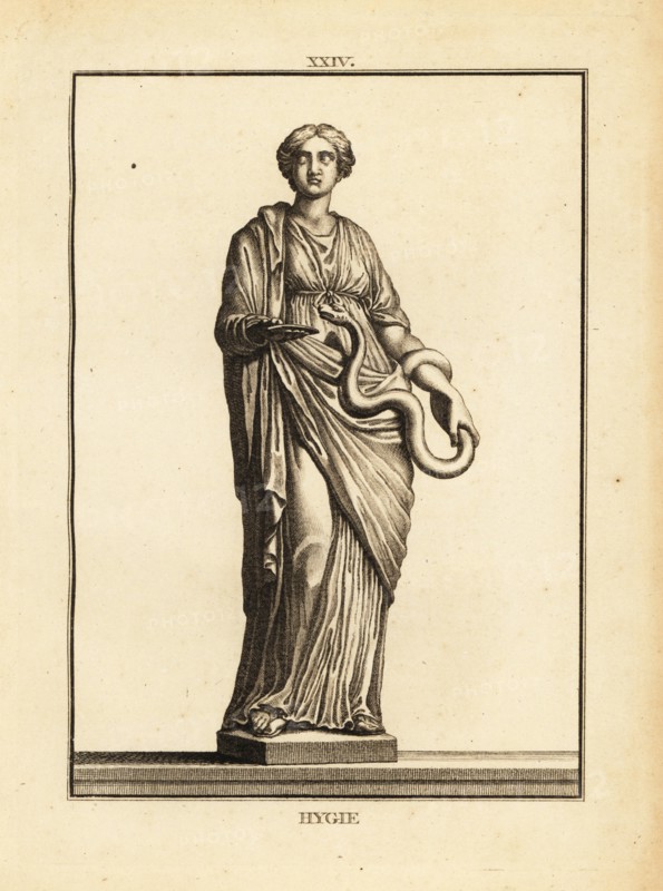 Hygieia, Greek and Roman goddess of health and cleanliness, daughter of the god of medicine Asclepius. Copperplate engraving by Francois-Anne David from Museum de Florence, ou Collection des Pierres Gravees, Statues, Medailles, Chez F.A. David, Paris, 1787. David (1741-1824) drew and engraved the illustrations based on Roman statues, engraved stones and medals in the collection of the Museum de Florence and the cabinet of curiosities of the Grand Duke of Tuscany.