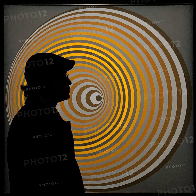 Silhouette of a man in front of Victor Vasarely op art painting in Paris