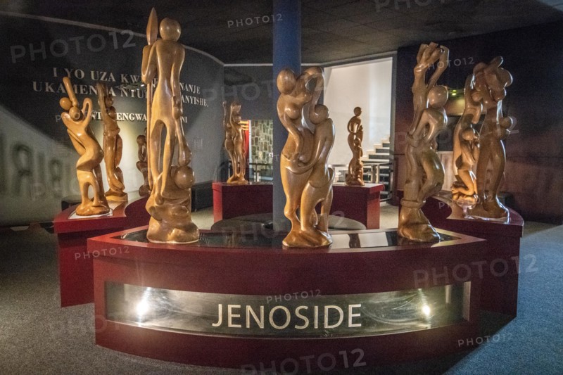 A carved wooden statue inside of the Kigali Genocide Memorial, Kigali, Rwanda.