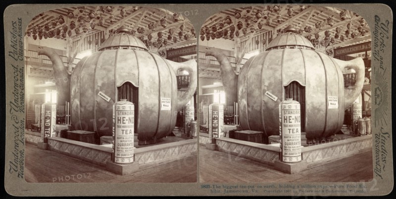 Stereograph image of the biggest teapot on earth, holding a million cups of tea. Pure Food Exhibit, Jamestown, Virginia, 1907.