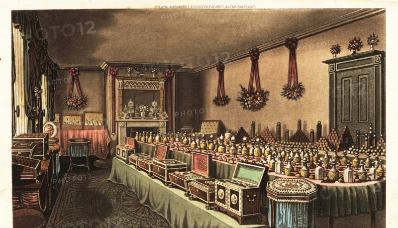 Perfumery prepared for the Emperor of China by Alex Ross,  perfumer with a shop in Bishopsgate Street, London. Handcoloured copperplate engraving from Rudolph Ackermann’s Repository of Arts, London, 1816.