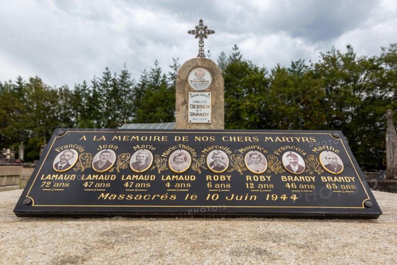 Gravestones of some of the victims of the Nazi atrocity in Oradour-sur-Glane, France, Europe.
