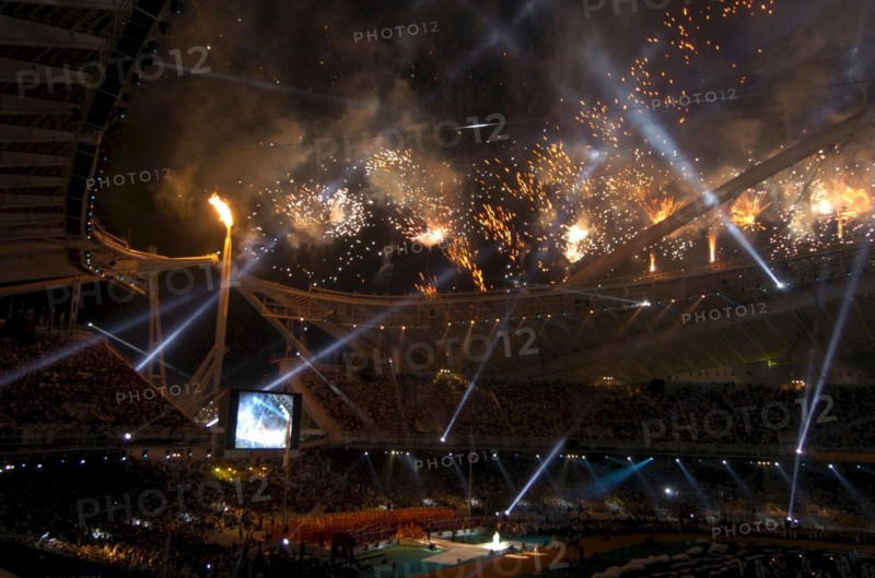 Athens, Greece 17SEP04: Fireworks mark the lighting of the Paralympic flame caldron during opening ceremony at the Athens Paralympics. ©Bob Daemmrich