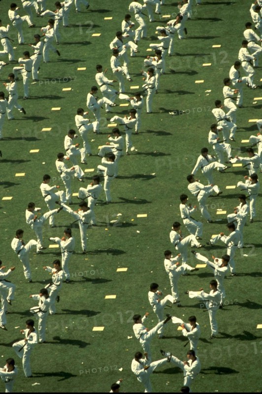Seoul Korea 1988: Hundreds of athletes perform a martial arts demonstration during the opening ceremonies of the Olympic Summer Games. ©Bob Daemmrich