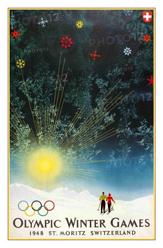 OLYMPICS Vintage poster 1948 Olympic Winter Games ST. MORITZ 1948 WINTER OLYMPIC GAMES  POSTER post-war World War II return of the Olympic Games 1948 Winter Olympics, held at St. Moritz in the Swiss Alps - the first Olympic Games since Berlin 1936. Featuring the official games logo, and a rising-sun design that celebrates the rebirth of the games.