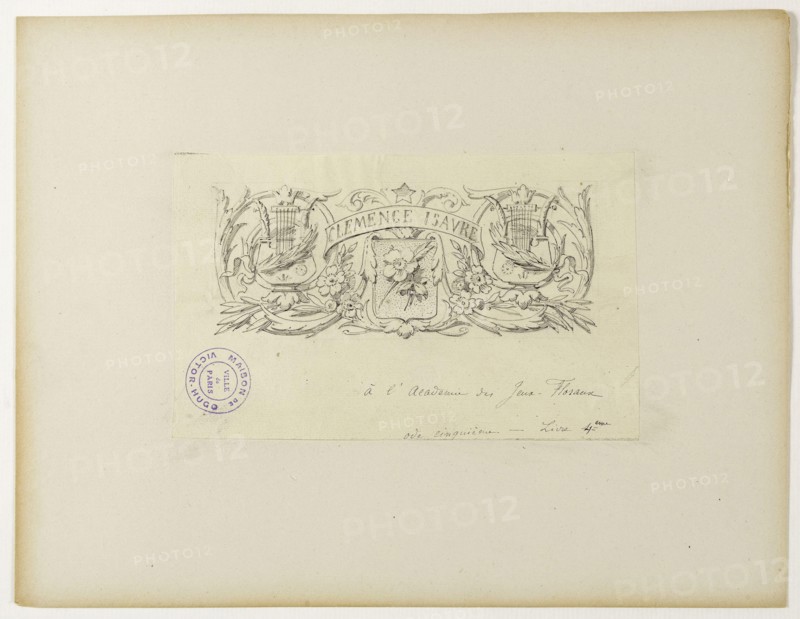 At the Academy of Floral Games Paul-Henri Regereau, peintre français. A l'Académie des Jeux Floraux. Crayon et encre sur papier. 1885. Paris, Maison de Victor Hugo.