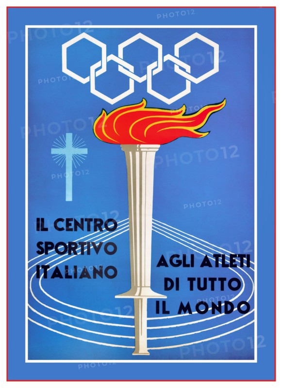1960 ROME SUMMER OLYMPICS vintage sports poster - Il Centro Sportivo Italiano Agli Atleti Di Tutto Il Mondo / The Italian Sports Centre To Athletes From All Over the World - featuring a flaming torch from the Rome 1960 Summer Olympic Games with a minimalist design of athletic track running to the distance against blue background with a Roman Catholic Cross on the side and Olympic rings in hexagonal shapes above. A cura del comitato civico issued by the civic committee Italy,  1960s