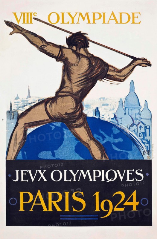 Summer Olympics Games poster - VIIIe Olympiade JEVX OLYMPQVES - Paris Olympics 1924 poster. Man throwing a spear.