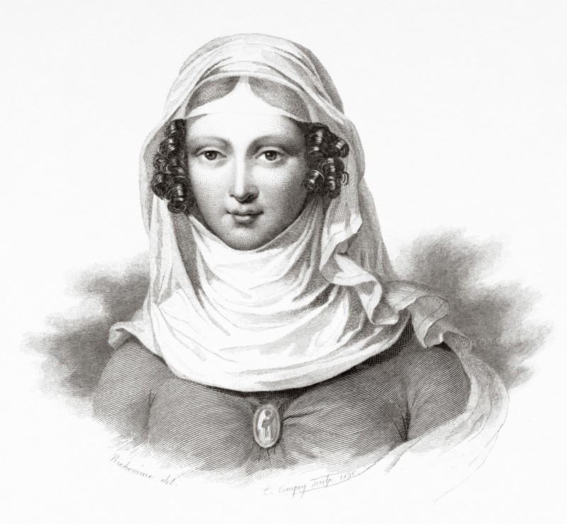 Clemence Isaure (1463-1513) in the floral games room in Toulouse. Legendary medieval woman, founder of the Acadèmia dels Jòcs Florals or Academy of Floral Games. Member of the Yzalguier family from Toulouse. France. Europe. Old 19th century engraved illustration from Portraits et histoire des hommes utile by Societe Montyon et Franklin 1837