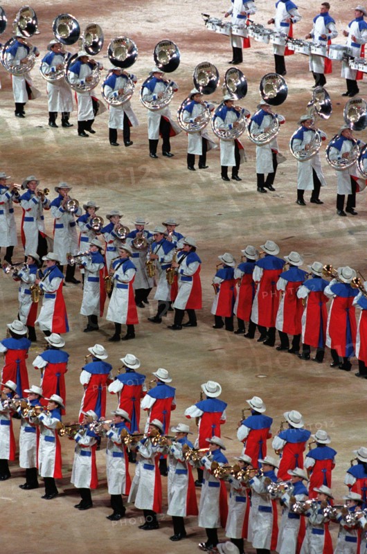 The Olympic band performs before an audience of 110,000 (Not shown), September 15th, 2000, during the opening ceremonies for the Sydney 2000 Olympics. Fifteen US Military athletes (Not shown) are competing in the 2000 Olympic games as members of the US Olympic team. In addition to the fifteen competing athletes there are eight alternates and five coaches (Not shown) representing each of the four services in various venues. Base: Sydney State: New South Wales Country: Australia (AUS)