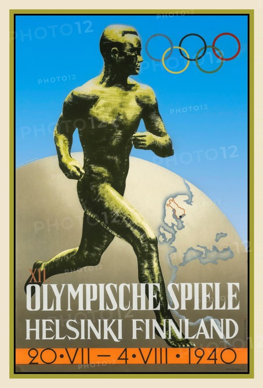 Helsinki Olympic Games 1940. Games and poster cancelled due to impending World War II Poster by Ilmari Sysimetsä  Sculpture is of the famous Finnish runner Paavo Nurmi, with 9 gold and 3 silver Olympic medals. A similar poster was used for the post-war 1952 Olympic Games