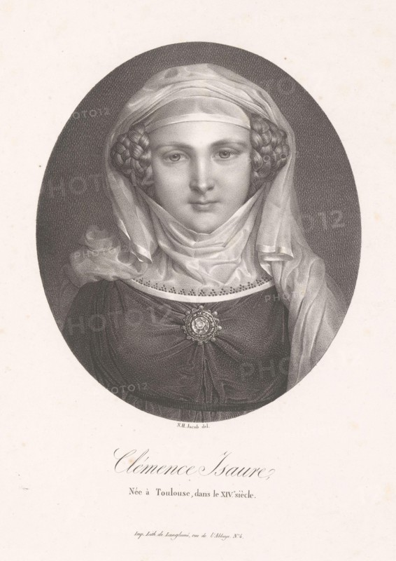 Portrait of Clémence Isaure, Clemence Isaure (title on object), print maker: Nicolas Henri Jacob, printer: Pierre Langlumé, publisher: Jean Pierre Sudre (1783-1866), Paris, 1825 - 1827, paper, height 425 mm × width 291 mm, print