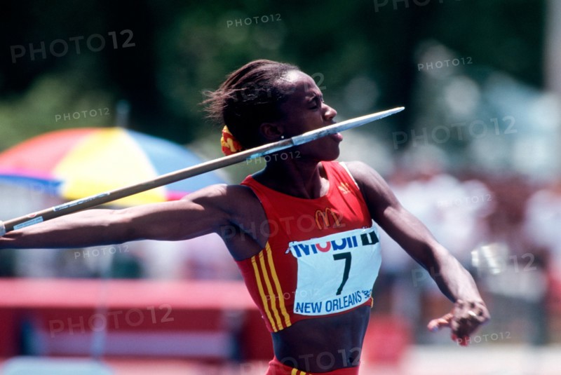 Jackie Joyner Kersee competing in the javelin event of the heptathlon at the 1992 US Olympic Track and Field Trials.