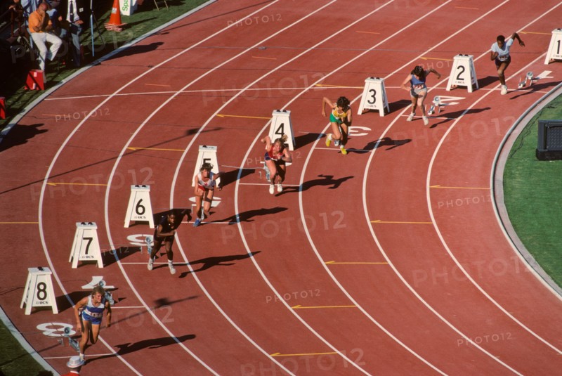 Start of a women's sprint race at the 1984 US Olympic Track and Field Trials.