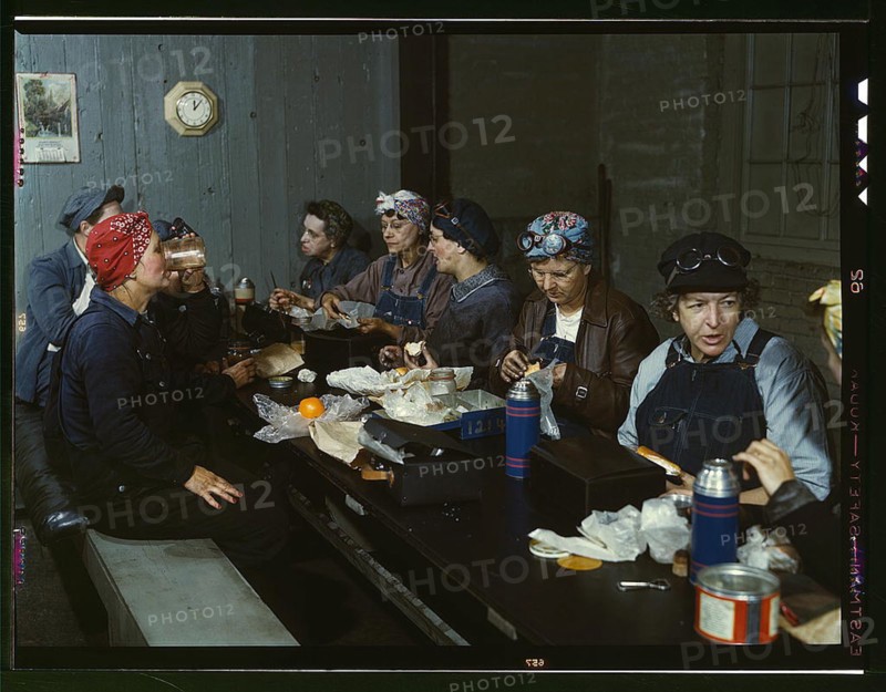 Women workers employed as wipers in the roundhouse having lunch in their rest room, C. & N.W. R.R., Clinton, Iowa (LOC)