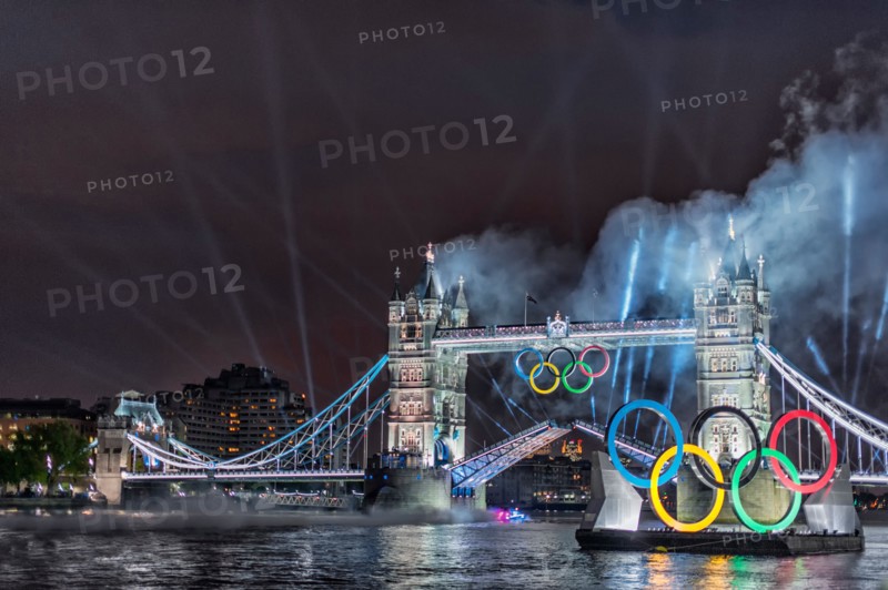 Tower bridge at opening of Olympic games 2012 with David Beckham steering boat under open bridge