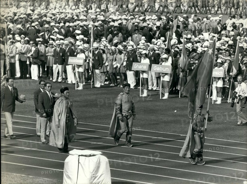 Aug. 08, 1972 - Olympic games have opened in Munich : Photo shows Mongolian team caring the national flag parading on the Olympic stadium during the opening ceremony.