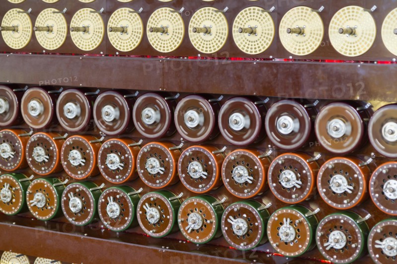 Rebuilt Turing Bombe in action at Bletchley Park, showing rotation of upper row of drums and middle row of drums