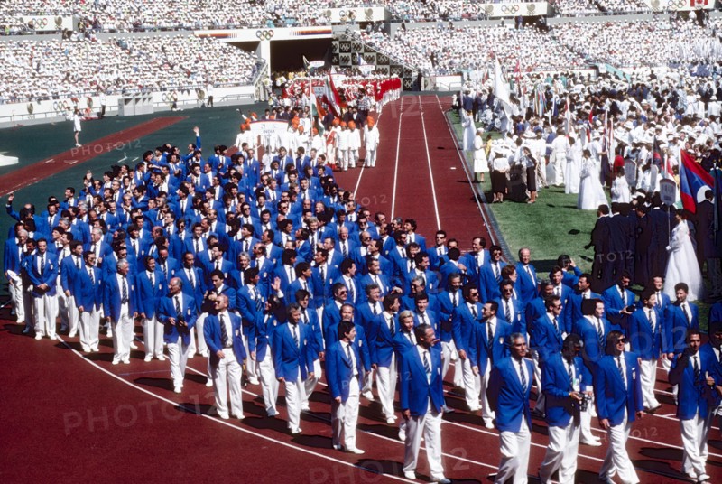 Team Italy marching in the Opening ceremonies at the 1988 Olympic Summer Games, Seoul, South Korea