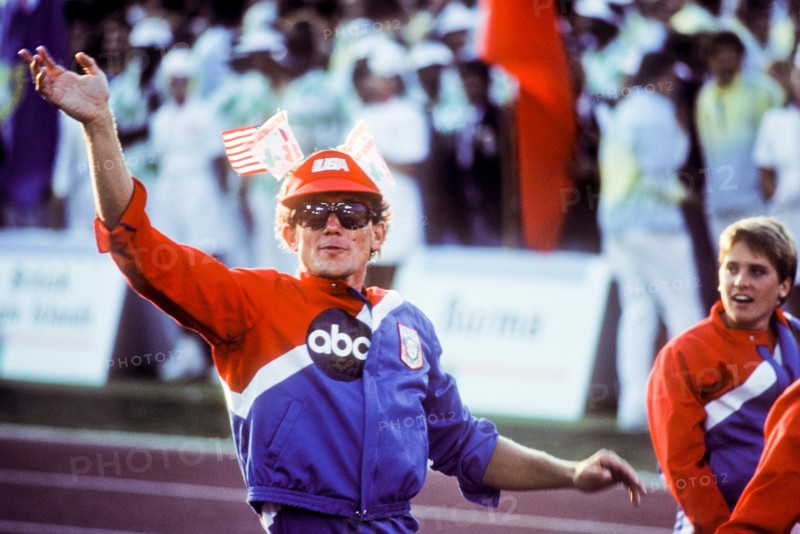 US athletes enter stadium during opening ceremonies at 1984 Olympic Games in Los Angeles.