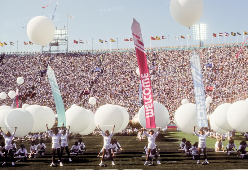On-field festivities during Opening Ceremonies at L.A. Memorial Coliseum during 1984 Olympic Games in Los Angeles.