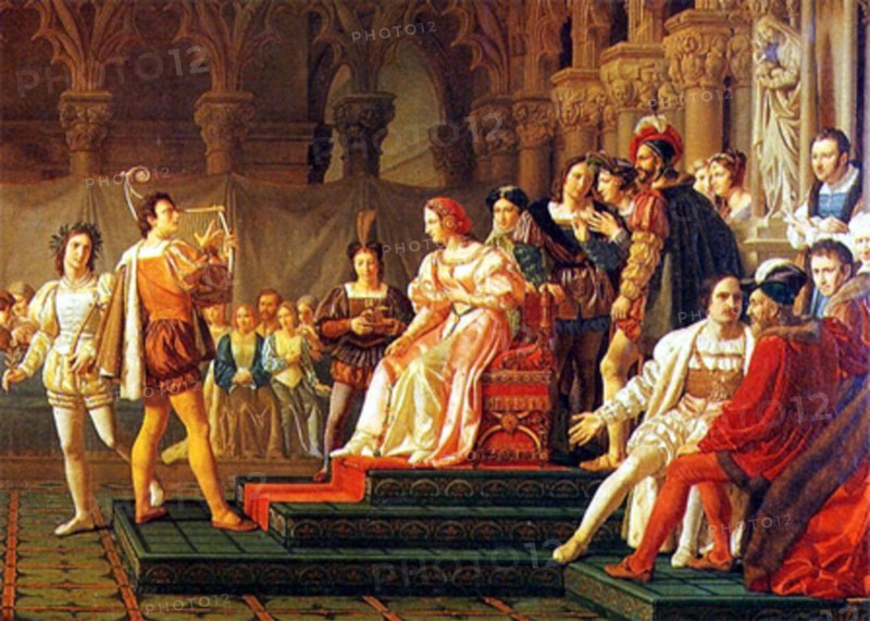 . Clémence Isaure distribuant des fleurs aux troubadourds par Félix SAURINES // Le musée du Vieux-Toulouse  . between 1730 and 1830. Félix SAURINES Clemence isaure et le Jeux Floraux