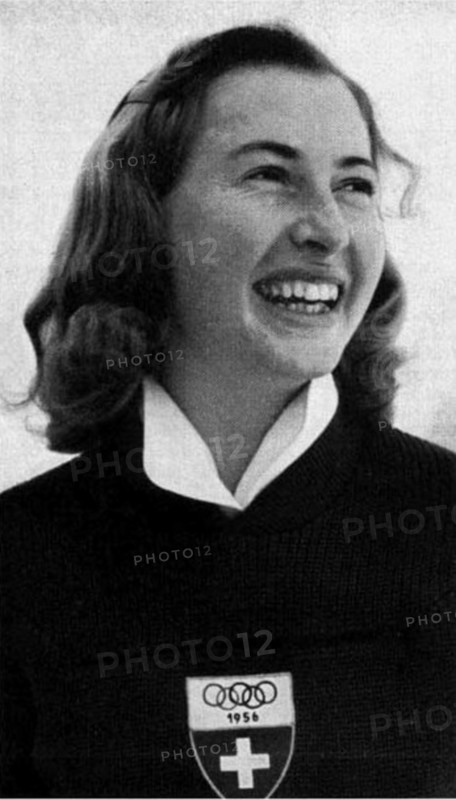 . Swiss alpine skier Renée Colliard after the ladies' slalom win at the 1956 Winter Olympics in Cortina d'Ampezzo, Italy . 30 January 1956. Italian Olympic Committee 75 Renee Colliard Cortina 1956