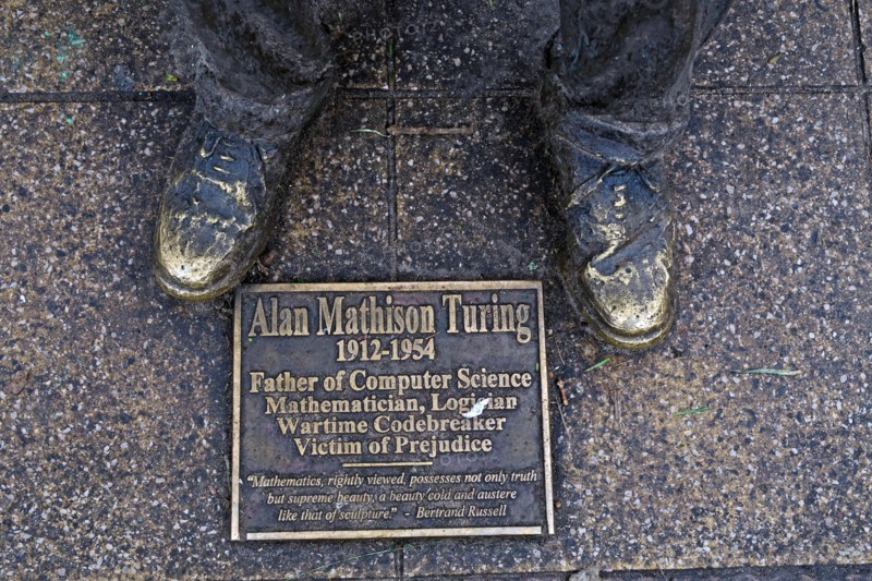 Bronze statue of Alan Mathison Turing, Sackville Gardens, Gay Village Canal St, Manchester, Lancs, England, UK, M1