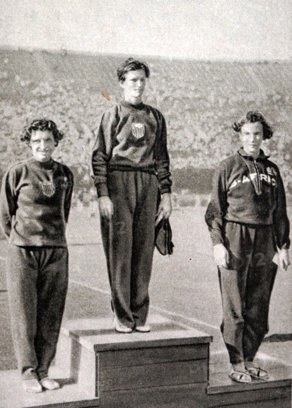 80m Hurdles podium at the 1932 Olympic games.  Mildred Ella "Babe" Didrikson Zaharias (1911 - 1956) took gold for the USA. Evelyne Ruth Hall (1909 - 1993) took silver for the USA. Marjorie Rees Clark (1909 - 1993) took bronze for South Africa.